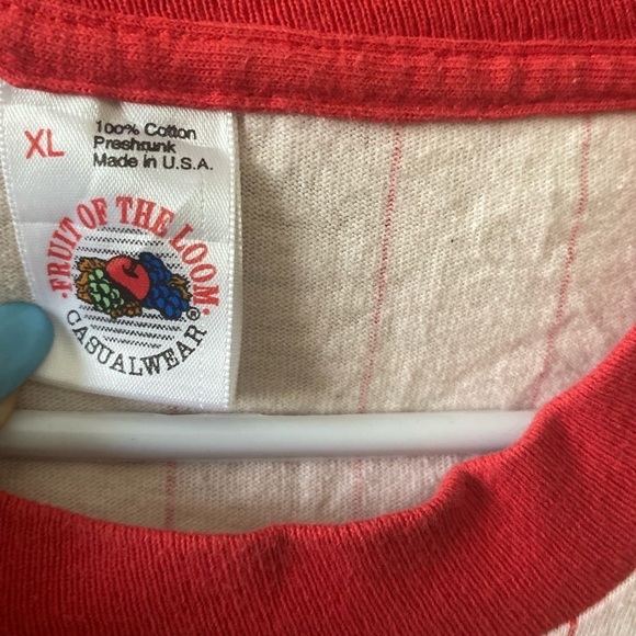 Vintage 90s Fruit of the loom single stitch striped Red shirt USA made grunge - Picture 5 of 9